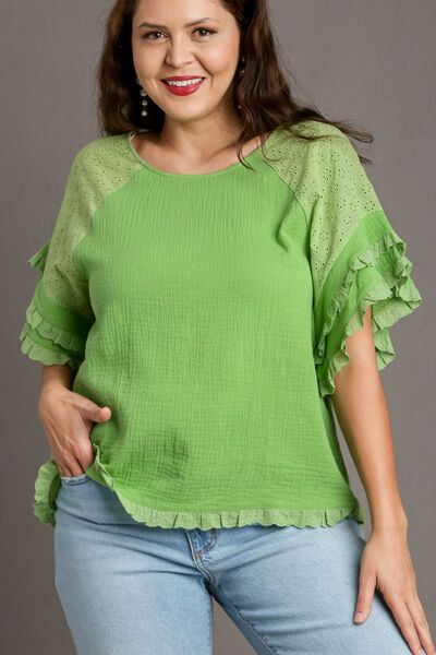 Umgee Full Size Cotton Gauze Round Neck Ruffle Eyelet Layered Sleeve Blouse Plus Size - Bitsy Gypsy Boutique