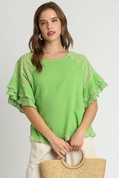 Umgee Full Size Cotton Gauze Round Neck Ruffle Eyelet Layered Sleeve Blouse Plus Size - Bitsy Gypsy Boutique