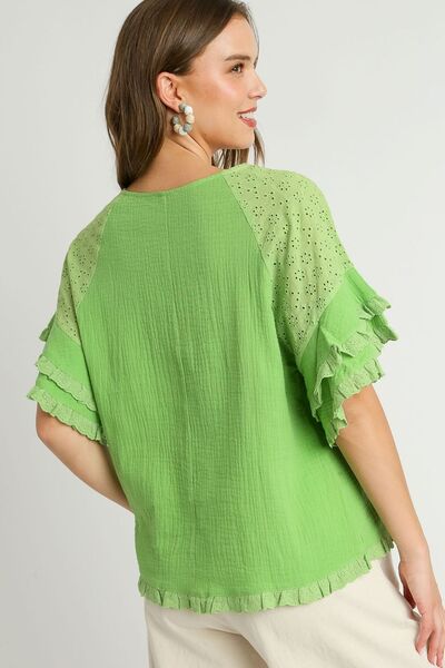 Umgee Full Size Cotton Gauze Round Neck Ruffle Eyelet Layered Sleeve Blouse Plus Size - Bitsy Gypsy Boutique