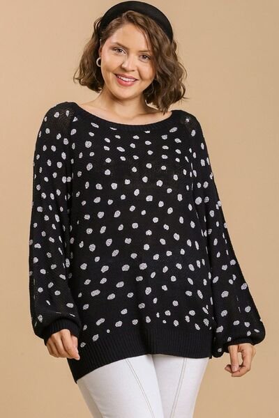 Umgee Full Size Dalmatian Hand Stamped Round Neck Sweater Plus Size - Bitsy Gypsy Boutique