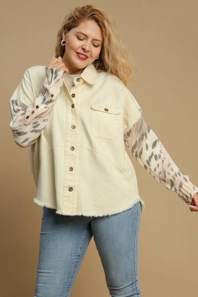 Umgee Full Size Distressed Detail Raw Hem Button Up Jacket Plus Size - Bitsy Gypsy Boutique