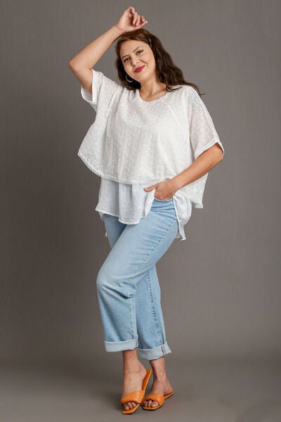 Umgee Full Size Eyelet Layered Short Sleeve Blouse Plus Size - Bitsy Gypsy Boutique