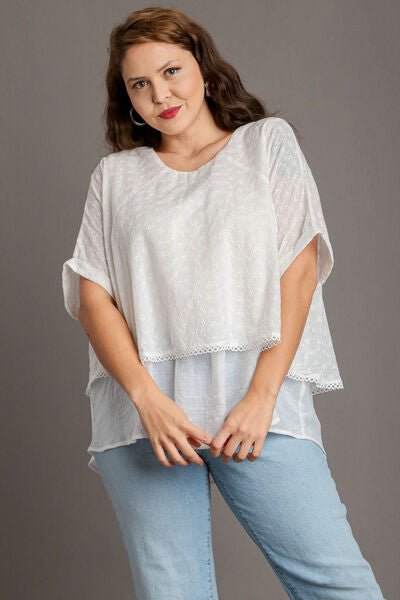 Umgee Full Size Eyelet Layered Short Sleeve Blouse Plus Size - Bitsy Gypsy Boutique