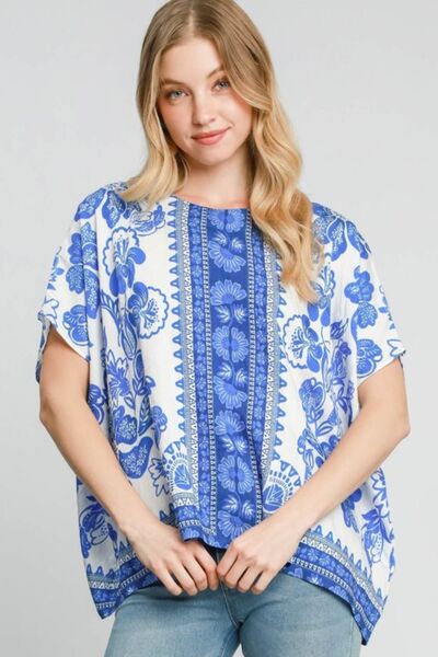 Umgee Full Size Floral Border Print Oversized Top - Bitsy Gypsy Boutique