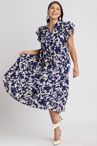 Umgee Full Size Floral Collared Ruffle Cap Sleeve Midi Dress Plus Size - Bitsy Gypsy Boutique