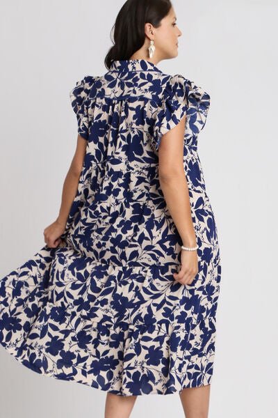 Umgee Full Size Floral Collared Ruffle Cap Sleeve Midi Dress Plus Size - Bitsy Gypsy Boutique