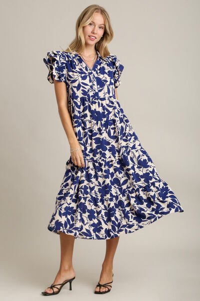 Umgee Full Size Floral Collared Ruffle Cap Sleeve Midi Dress Plus Size - Bitsy Gypsy Boutique