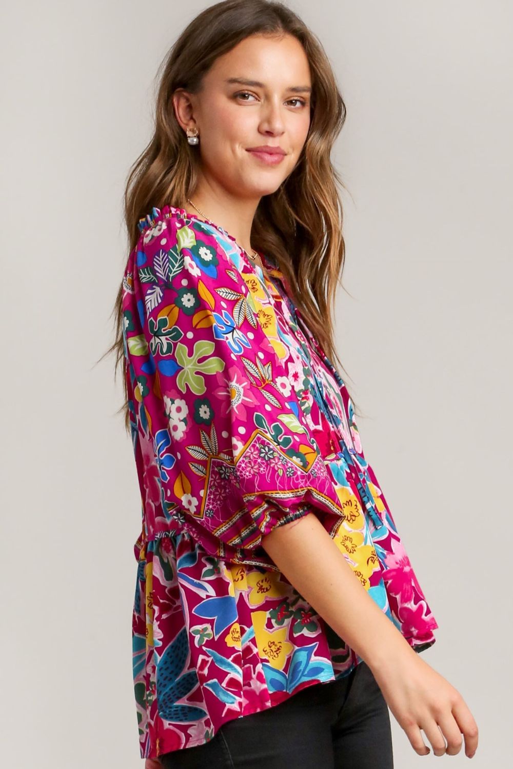 Umgee Full Size Floral Print Tie Neck Peplum Blouse - Bitsy Gypsy Boutique