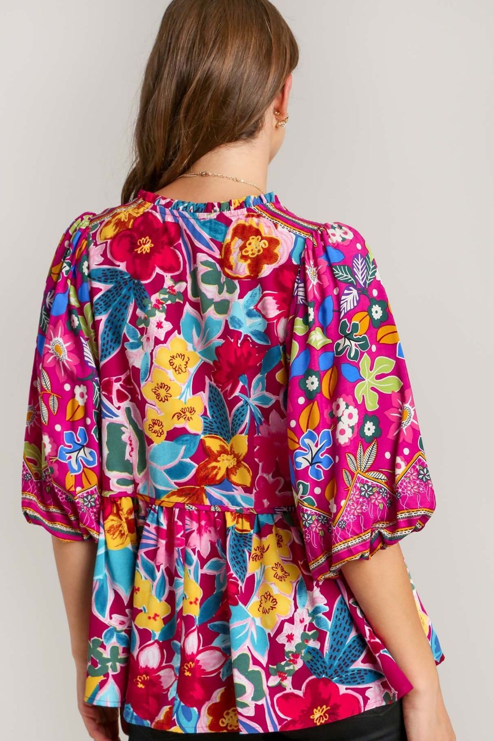 Umgee Full Size Floral Print Tie Neck Peplum Blouse - Bitsy Gypsy Boutique