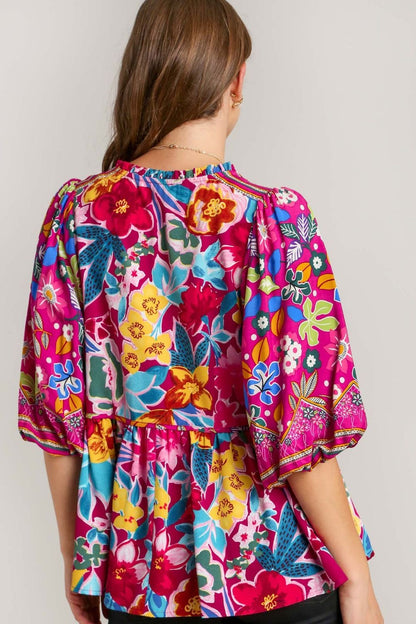 Umgee Full Size Floral Print Tie Neck Peplum Blouse - Bitsy Gypsy Boutique