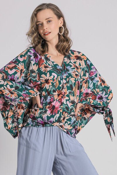 Umgee Full Size Floral V - Neck Tie Sleeve Blouse Plus Size - Bitsy Gypsy Boutique