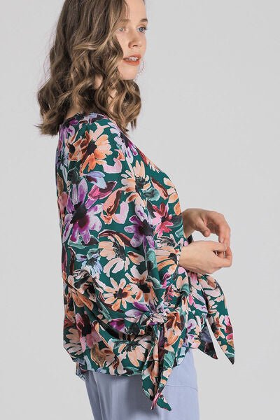 Umgee Full Size Floral V - Neck Tie Sleeve Blouse Plus Size - Bitsy Gypsy Boutique