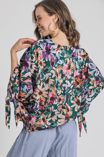 Umgee Full Size Floral V - Neck Tie Sleeve Blouse Plus Size - Bitsy Gypsy Boutique