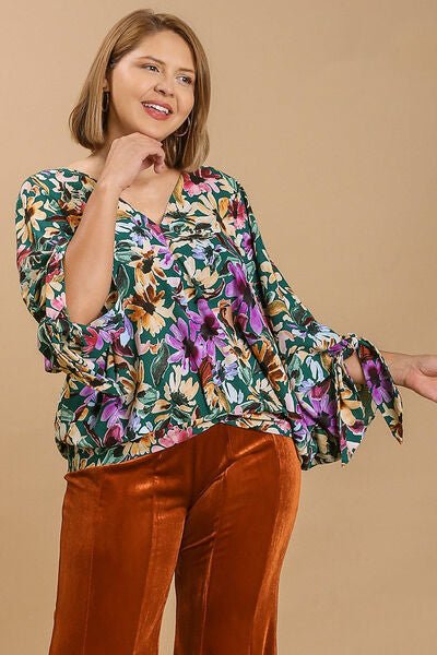 Umgee Full Size Floral V - Neck Tie Sleeve Blouse Plus Size - Bitsy Gypsy Boutique