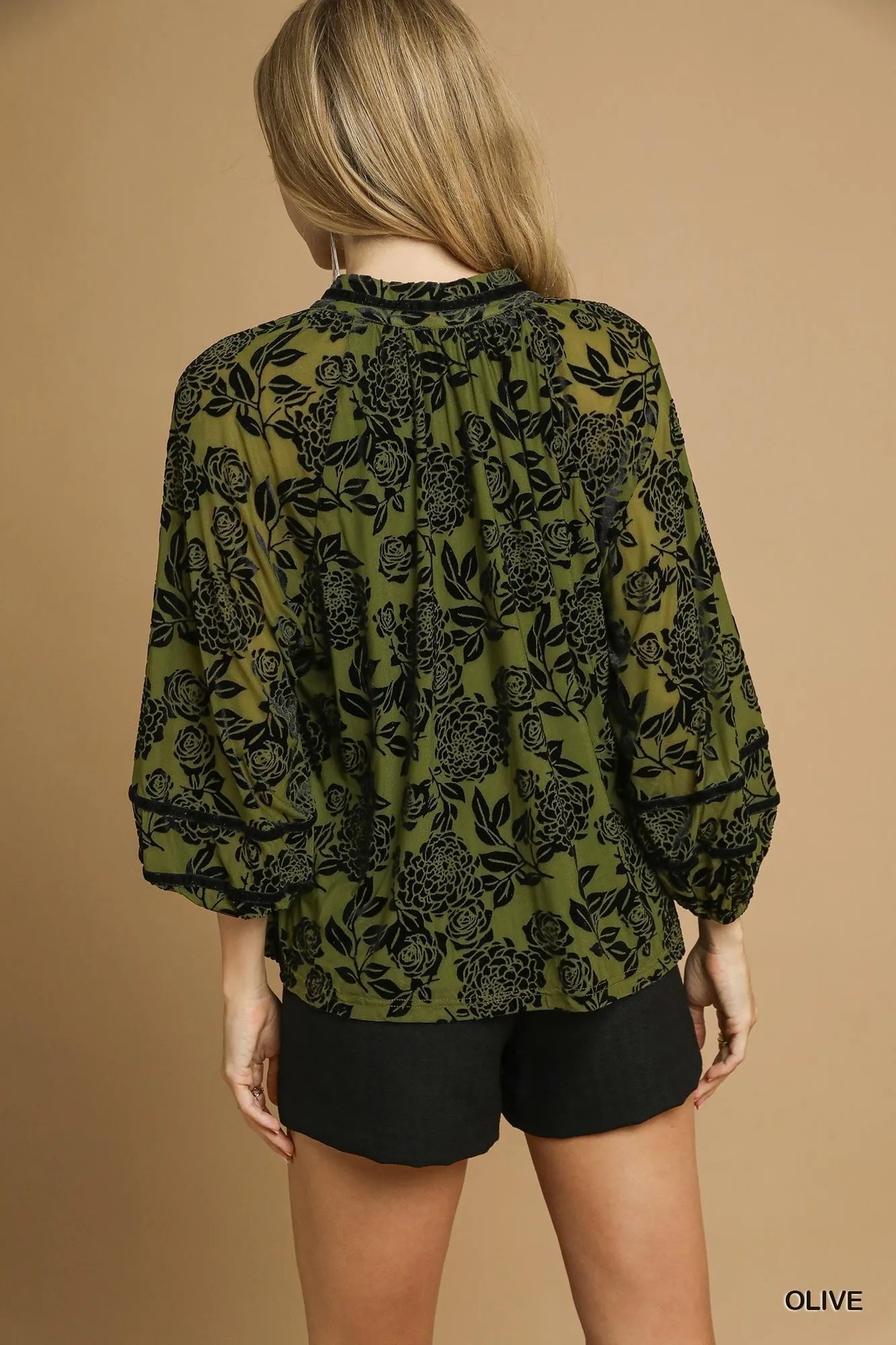 Umgee Full Size Floral Velvet Blouse with Balloon Sleeves Plus Size - Bitsy Gypsy Boutique
