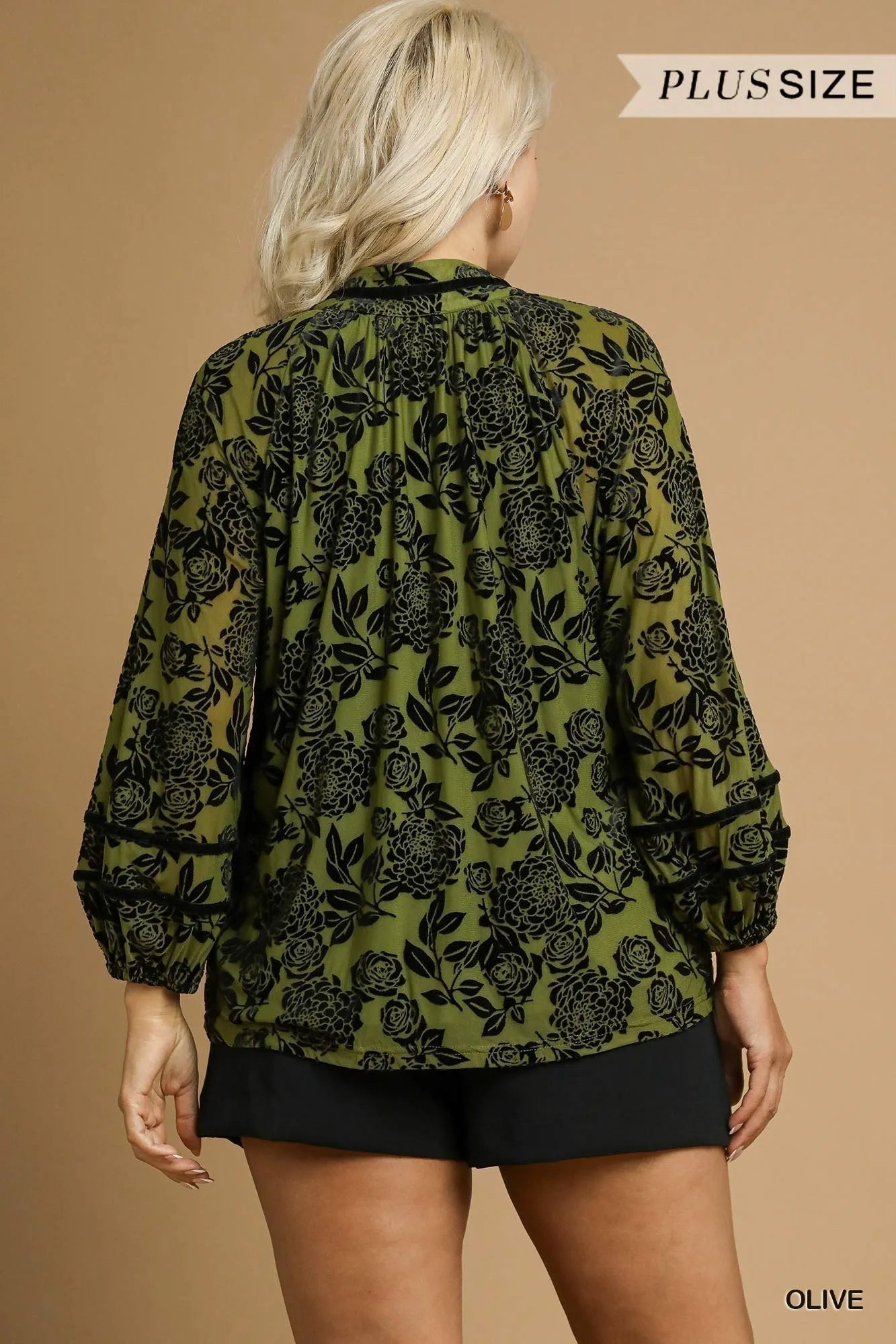 Umgee Full Size Floral Velvet Blouse with Balloon Sleeves Plus Size - Bitsy Gypsy Boutique