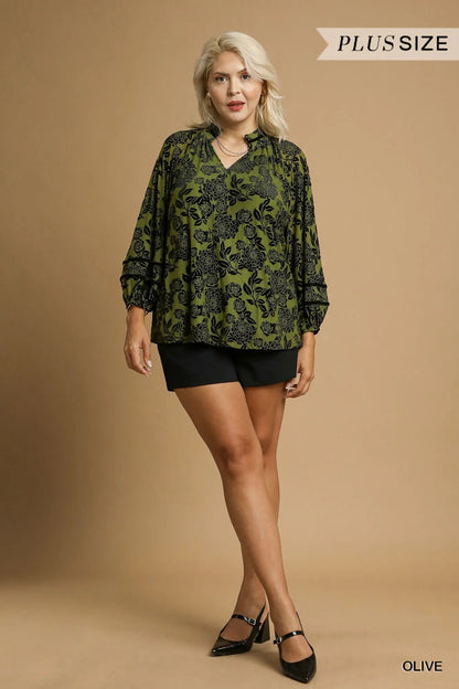 Umgee Full Size Floral Velvet Blouse with Balloon Sleeves Plus Size - Bitsy Gypsy Boutique