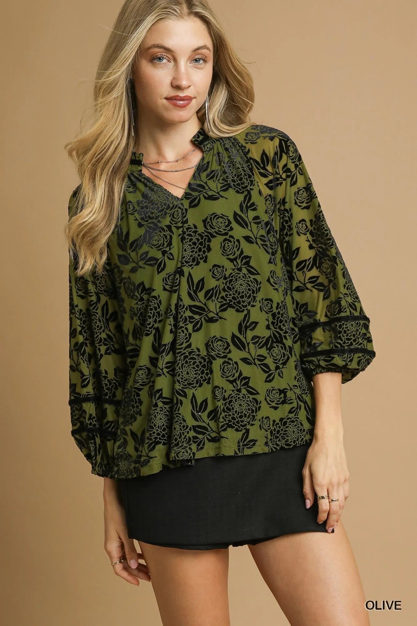 Umgee Full Size Floral Velvet Blouse with Balloon Sleeves Plus Size - Bitsy Gypsy Boutique