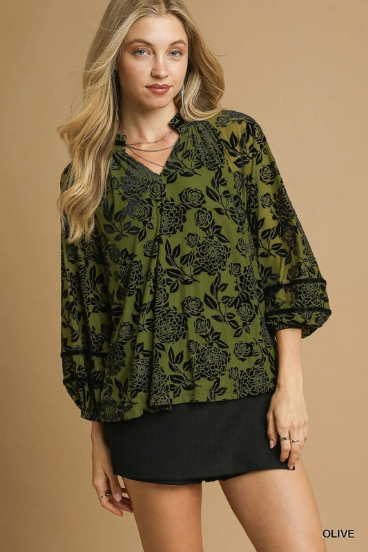Umgee Full Size Floral Velvet Blouse with Balloon Sleeves Plus Size - Bitsy Gypsy Boutique