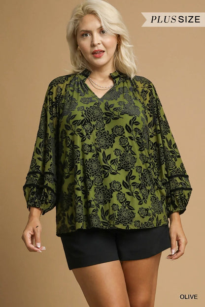 Umgee Full Size Floral Velvet Blouse with Balloon Sleeves Plus Size - Bitsy Gypsy Boutique