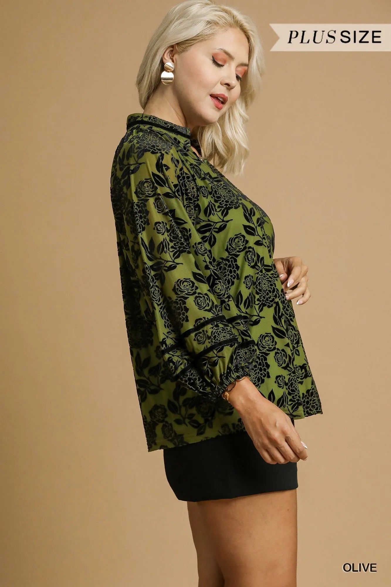 Umgee Full Size Floral Velvet Blouse with Balloon Sleeves Plus Size - Bitsy Gypsy Boutique