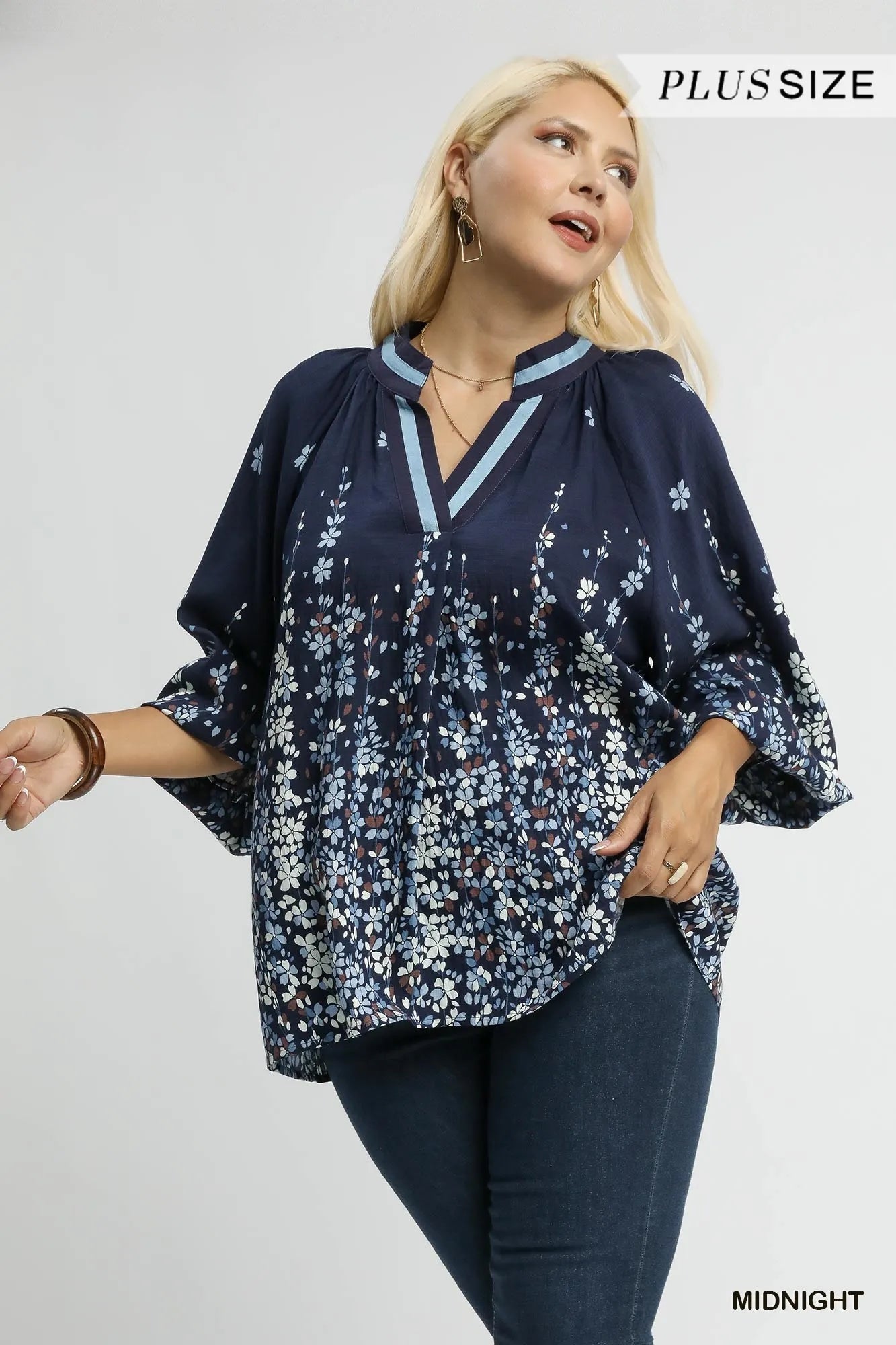 Umgee Full Size Floral Vine Print Blouse with Balloon Sleeves Plus Size - Bitsy Gypsy Boutique