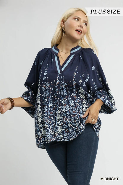 Umgee Full Size Floral Vine Print Blouse with Balloon Sleeves Plus Size - Bitsy Gypsy Boutique