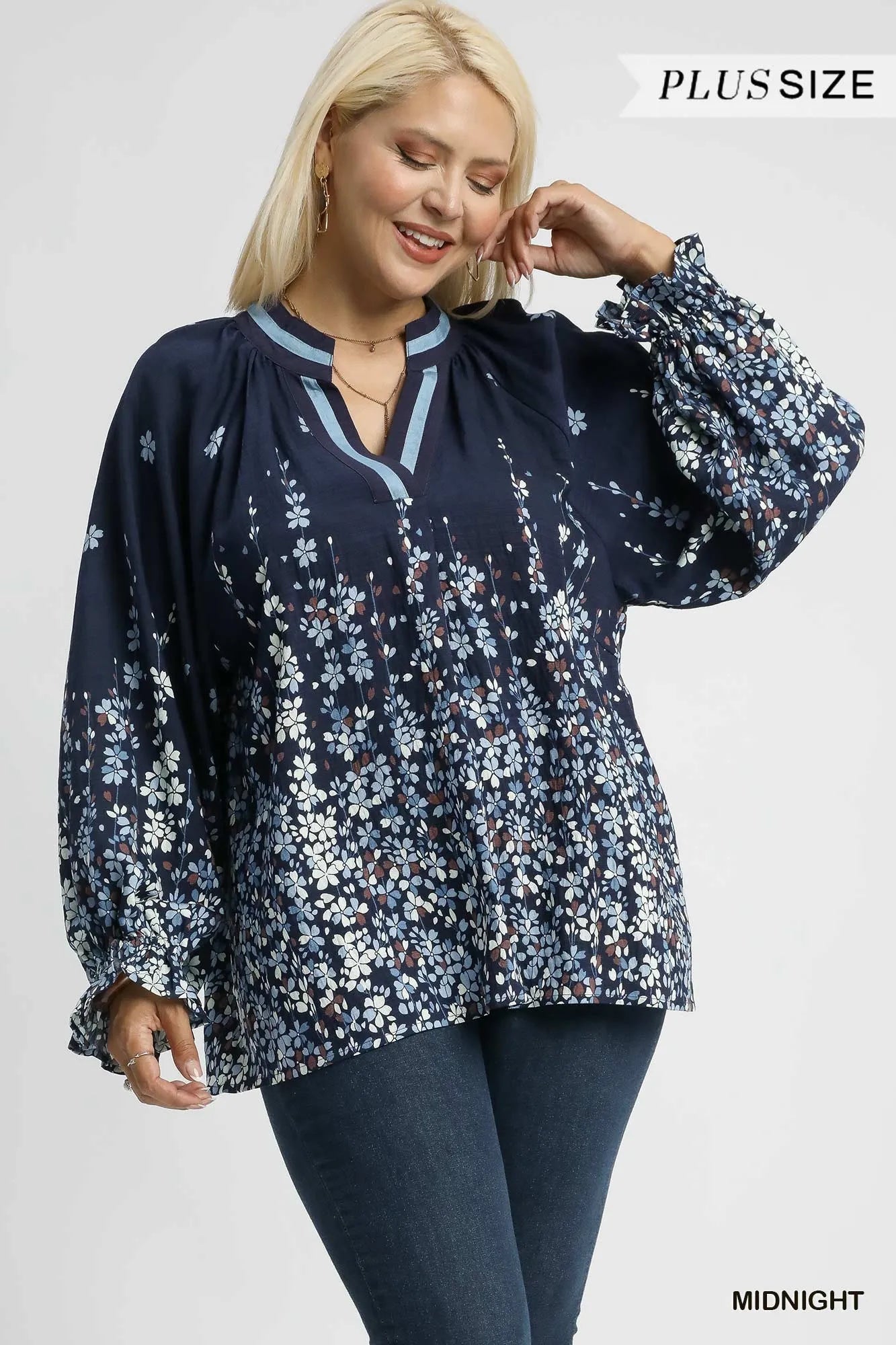 Umgee Full Size Floral Vine Print Blouse with Balloon Sleeves Plus Size - Bitsy Gypsy Boutique