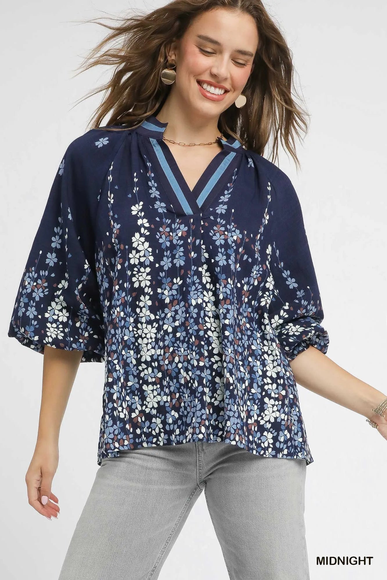 Umgee Full Size Floral Vine Print Blouse with Balloon Sleeves Plus Size - Bitsy Gypsy Boutique