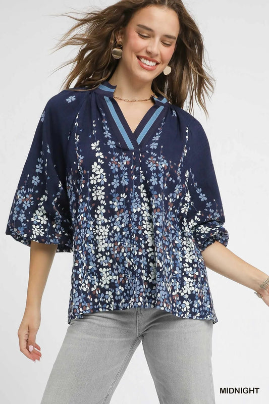 Umgee Full Size Floral Vine Print Blouse with Balloon Sleeves Plus Size - Bitsy Gypsy Boutique