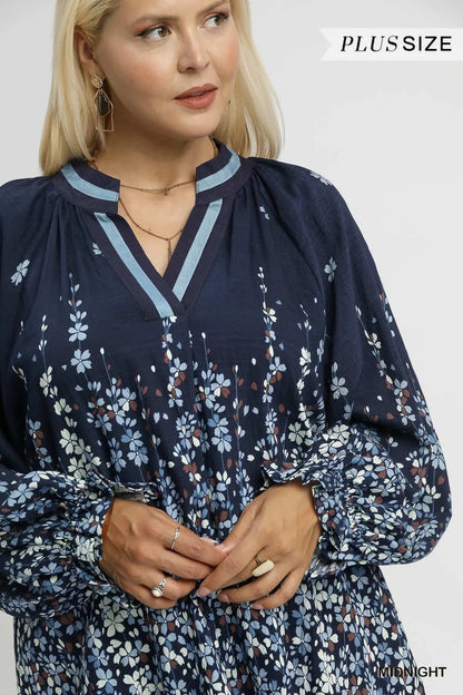 Umgee Full Size Floral Vine Print Blouse with Balloon Sleeves Plus Size - Bitsy Gypsy Boutique