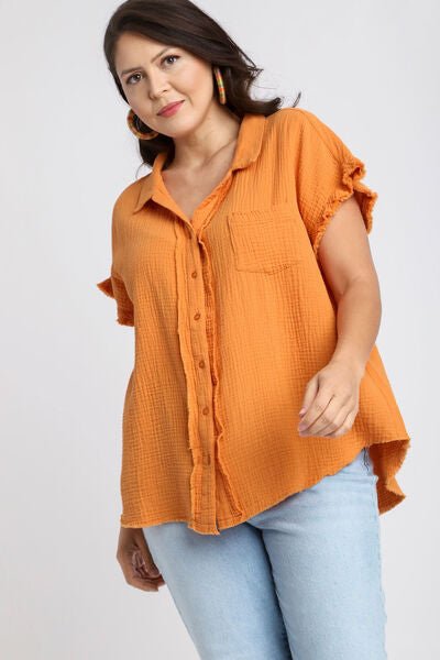 Umgee Full Size Frayed Hem Collared Neck Short Sleeve Shirt Plus Size - Bitsy Gypsy Boutique