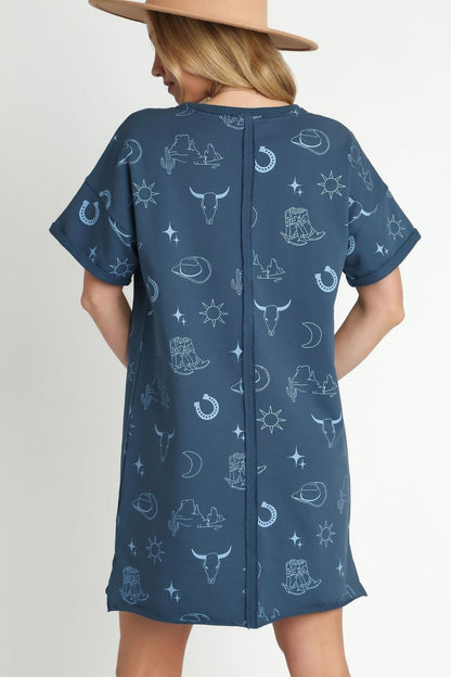 Umgee Full Size French Terry Short Sleeve Round Neck Dress Plus Size - Bitsy Gypsy Boutique