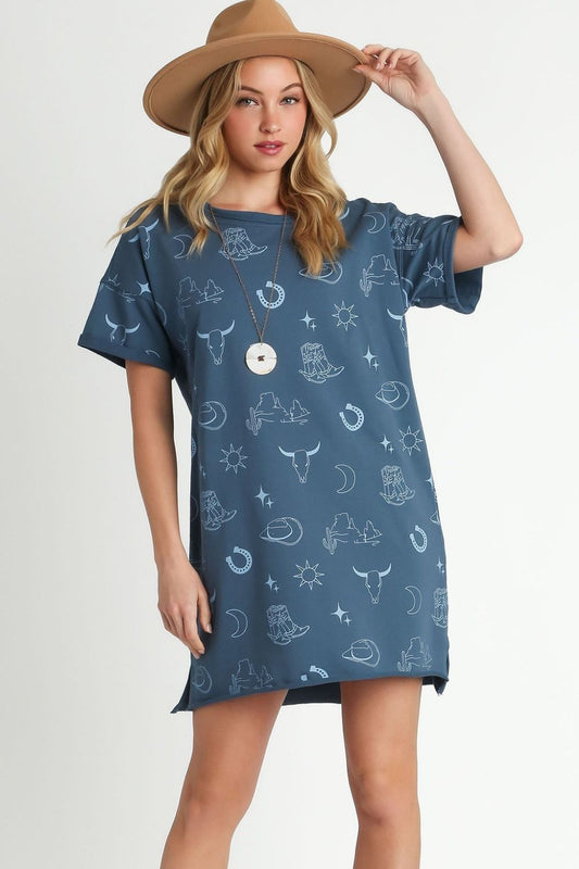 Umgee Full Size French Terry Short Sleeve Round Neck Dress Plus Size - Bitsy Gypsy Boutique