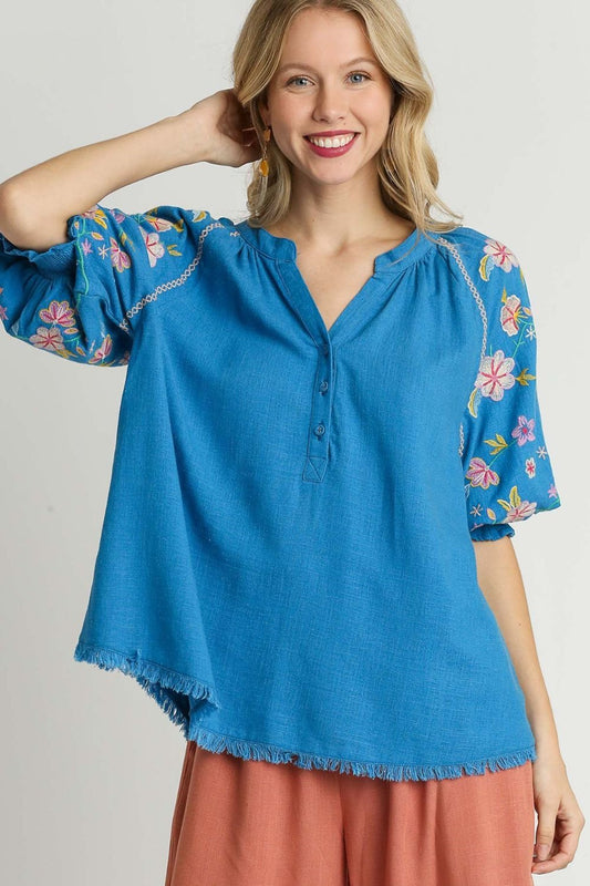 Umgee Full Size Half Button Top with Embroidery Sleeves Plus Size - Bitsy Gypsy Boutique