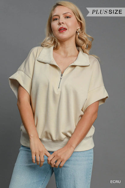 Umgee Full Size Half - Zip Short Sleeve Top - Bitsy Gypsy Boutique