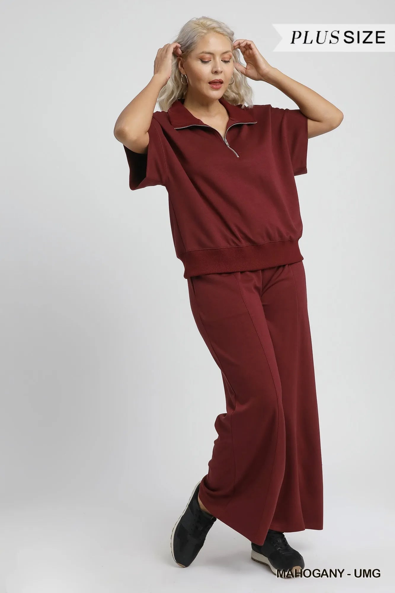 Umgee Full Size Half - Zip Short Sleeve Top Plus Size - Bitsy Gypsy Boutique