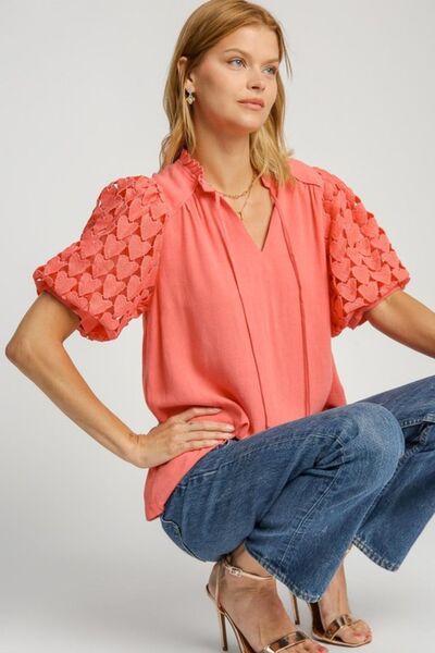 Umgee Full Size Heart Lace Sleeve Ruffle Collar Top - Bitsy Gypsy Boutique