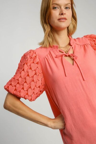 Umgee Full Size Heart Lace Sleeve Ruffle Collar Top - Bitsy Gypsy Boutique