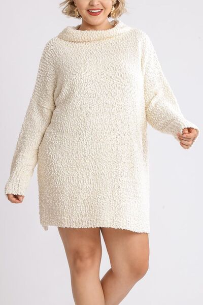 Umgee Full Size High Low Long Sleeve Boucle Sweater Dress Plus Size - Bitsy Gypsy Boutique