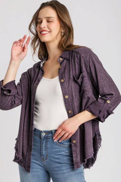 Umgee Full Size High Low Raw Hem Mineral Wash Button Down Shirt Plus Size - Bitsy Gypsy Boutique