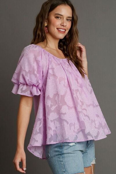 Umgee Full Size Jacquard Round Neck Ruffled Puff Sleeve Blouse Plus Size - Bitsy Gypsy Boutique