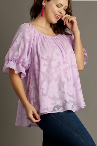 Umgee Full Size Jacquard Round Neck Ruffled Puff Sleeve Blouse Plus Size - Bitsy Gypsy Boutique