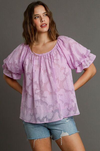 Umgee Full Size Jacquard Round Neck Ruffled Puff Sleeve Blouse Plus Size - Bitsy Gypsy Boutique
