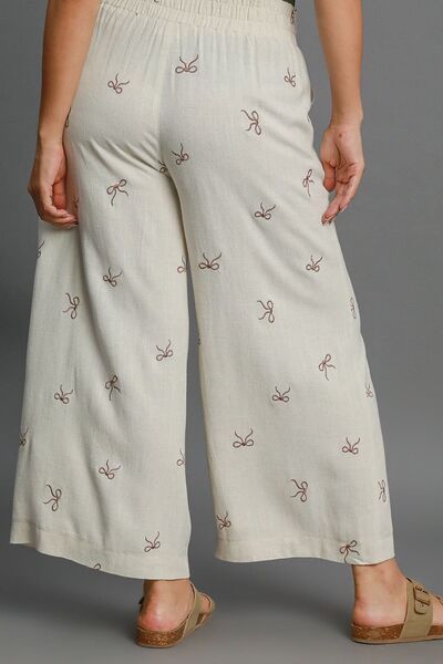 Umgee Full Size Lace Drawstring Embroidered Bow Wide Leg Pants Plus Size - Bitsy Gypsy Boutique