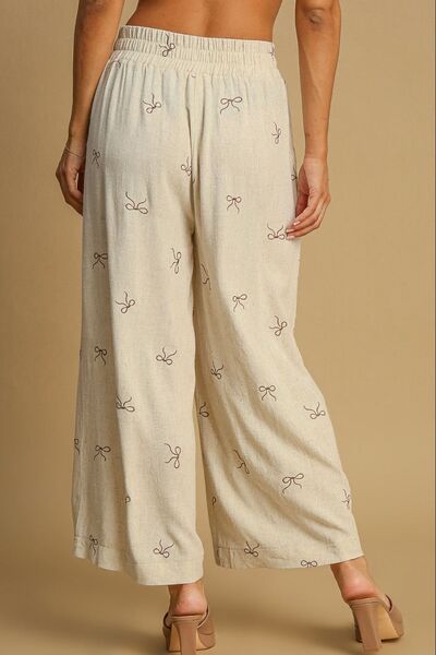 Umgee Full Size Lace Drawstring Embroidered Bow Wide Leg Pants Plus Size - Bitsy Gypsy Boutique