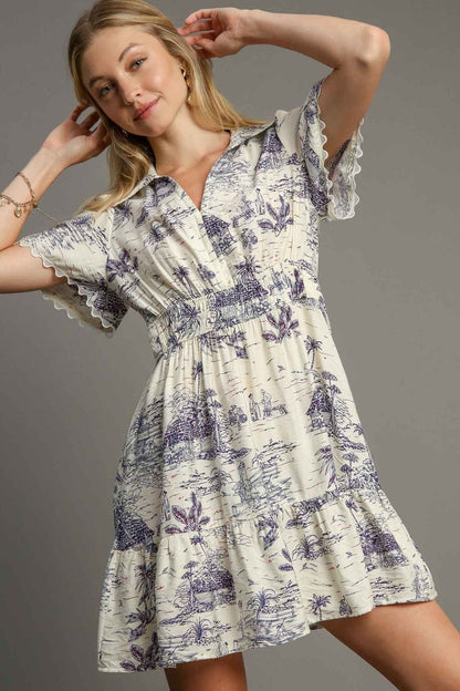 Umgee Full Size Landscape Print Collared Mini Dress - Bitsy Gypsy Boutique