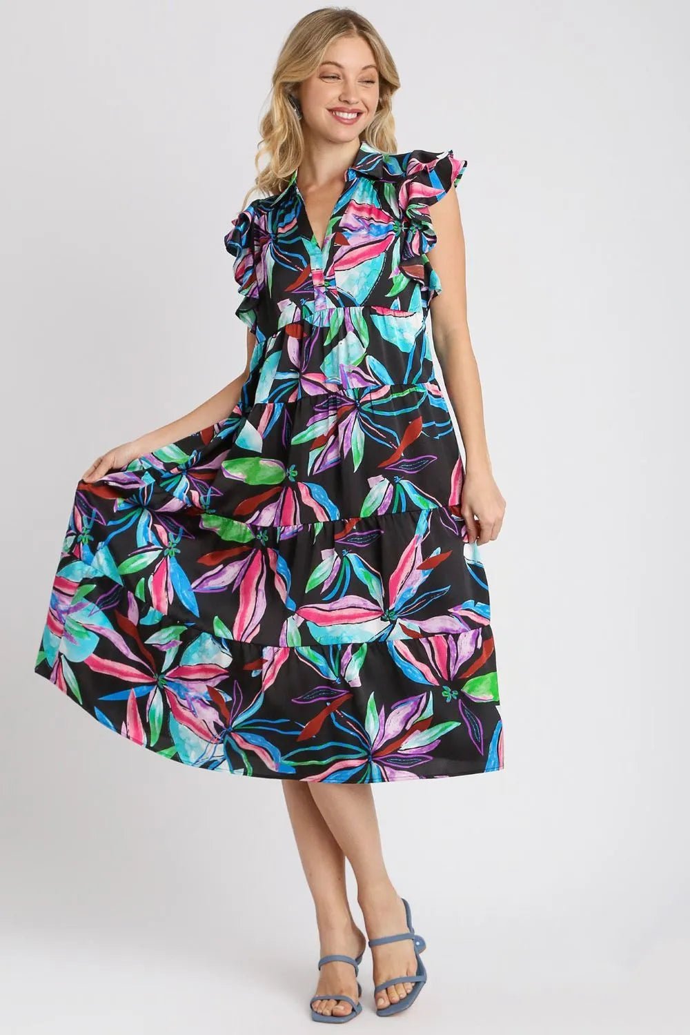 Umgee Full Size Leaf Print Double Layered Ruffle Sleeve Tiered Midi Dress - Bitsy Gypsy Boutique