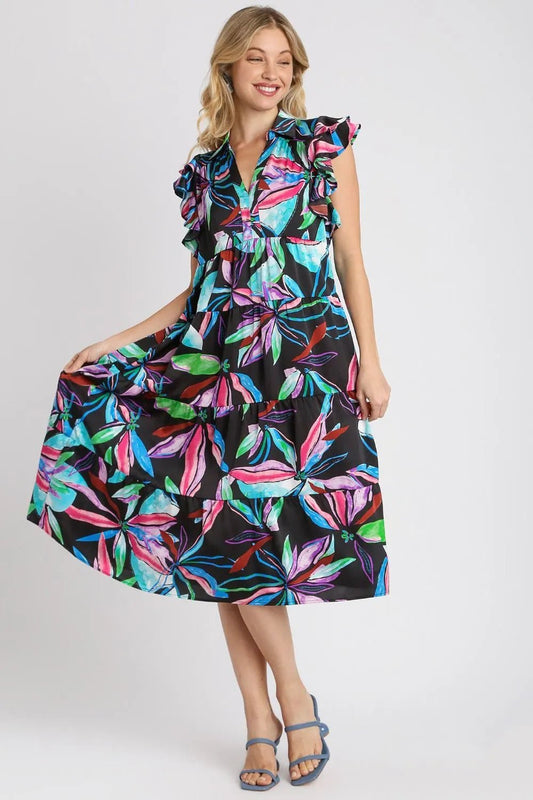 Umgee Full Size Leaf Print Double Layered Ruffle Sleeve Tiered Midi Dress - Bitsy Gypsy Boutique
