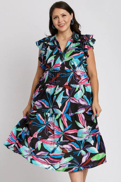 Umgee Full Size Leaf Print Double Layered Ruffle Sleeve Tiered Midi Dress - Bitsy Gypsy Boutique